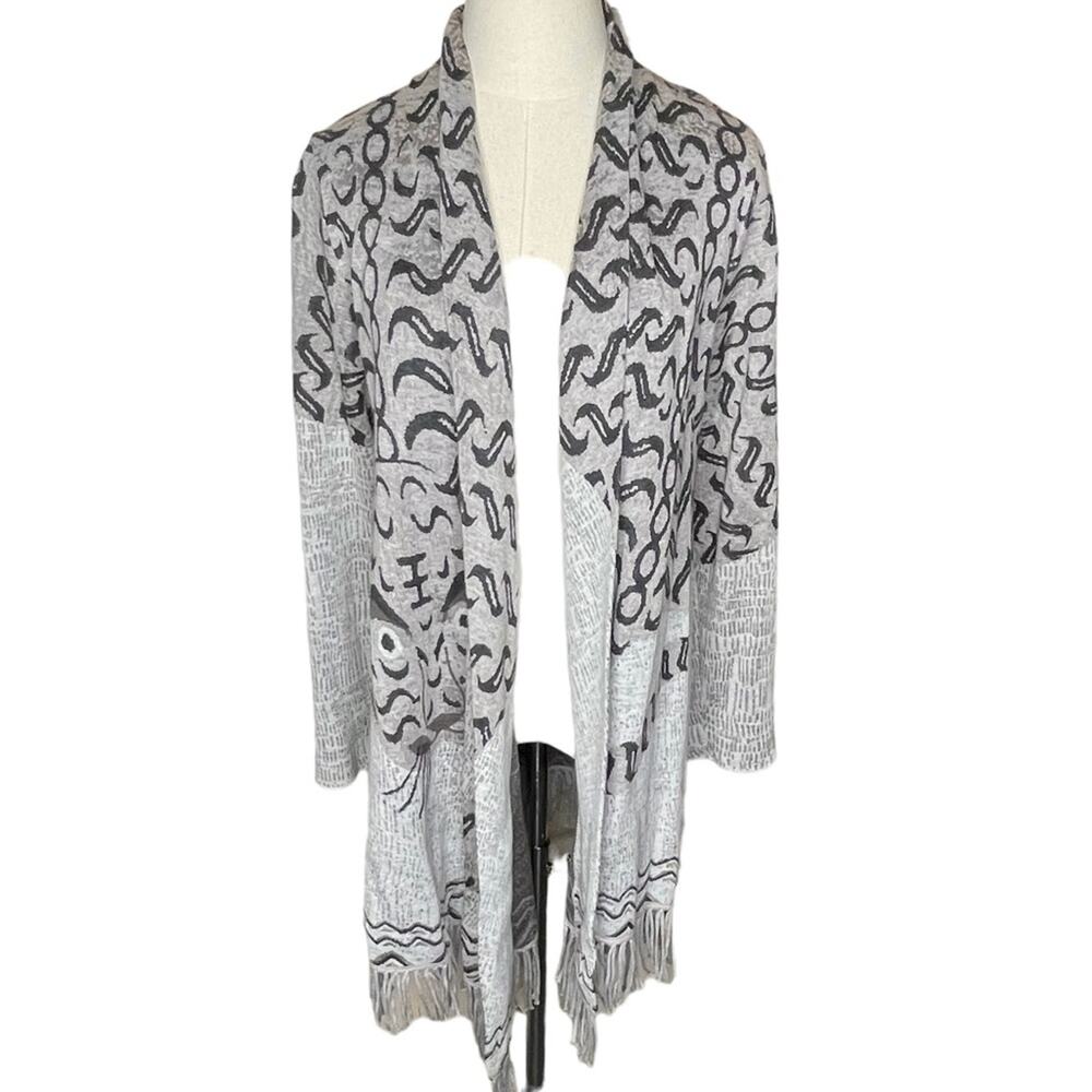 NIC + ZOE Size Medium Waterfall Fringed Cardigan Multi Design on Taupe/Gray